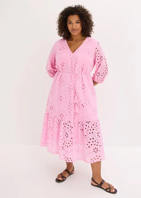 Abito midi in puro cotone con ricami traforati, bonprix