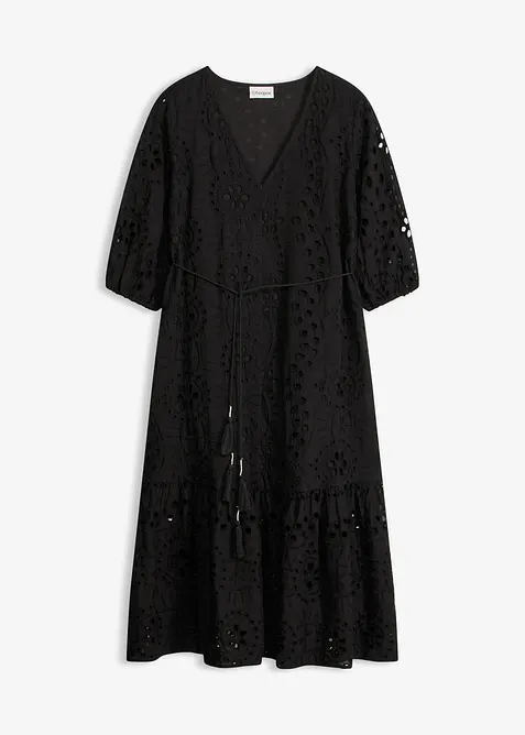 Abito midi in puro cotone con ricami traforati, bonprix