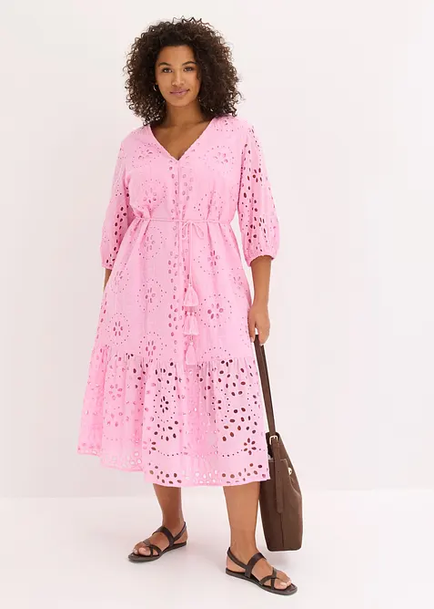 Abito midi in puro cotone con ricami traforati, bonprix