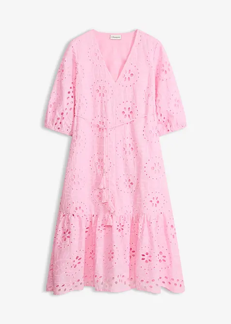 Abito midi in puro cotone con ricami traforati, bonprix