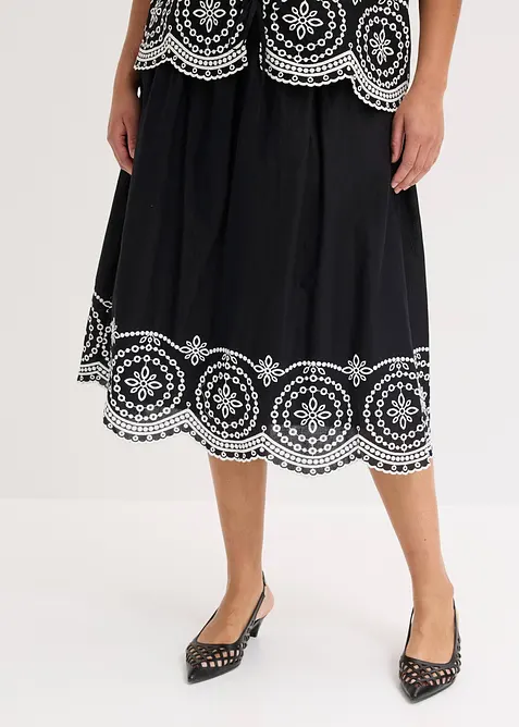 Gonna midi in puro cotone con ricami traforati, bonprix