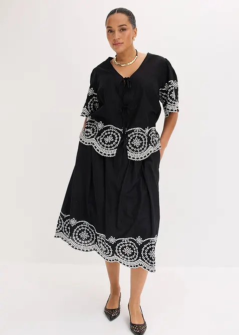 Gonna midi in puro cotone con ricami traforati, bonprix