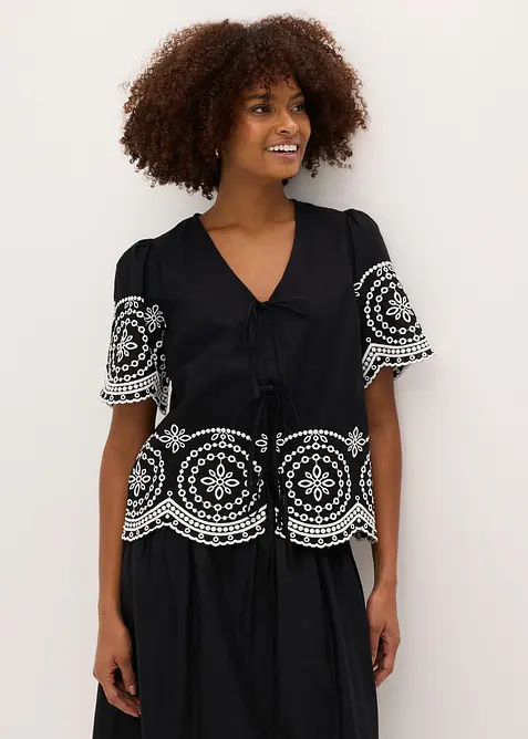 Blusa in puro cotone con ricami traforati, bonprix