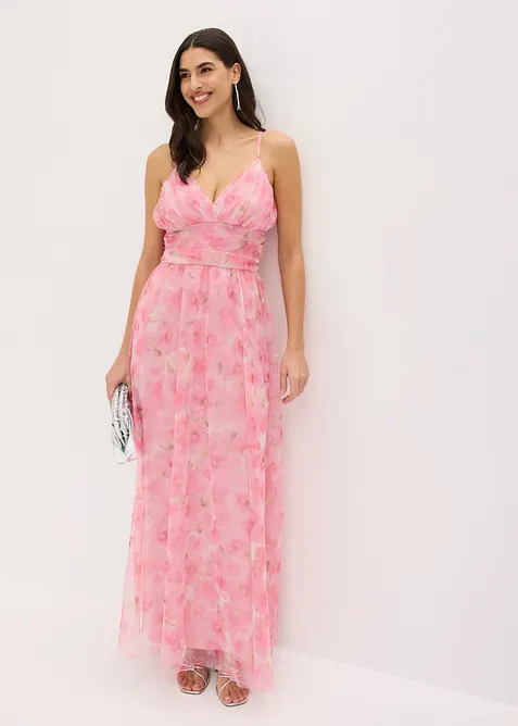 Abito lungo in tulle delicato con drappeggio, bonprix