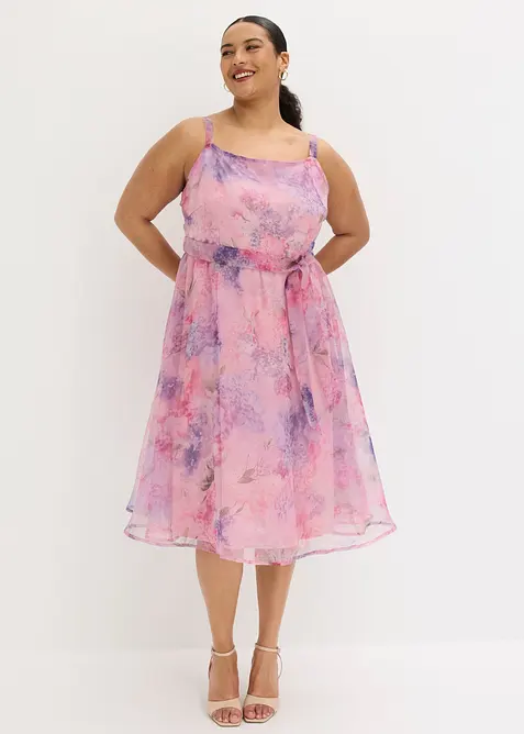 Abito midi in tulle delicato con cintura da annodare, bonprix