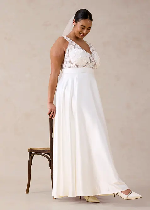 Abito da sposa in satin lucido con applicazione floreale, bonprix