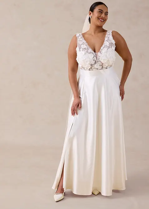 Abito da sposa in satin lucido con applicazione floreale, bonprix