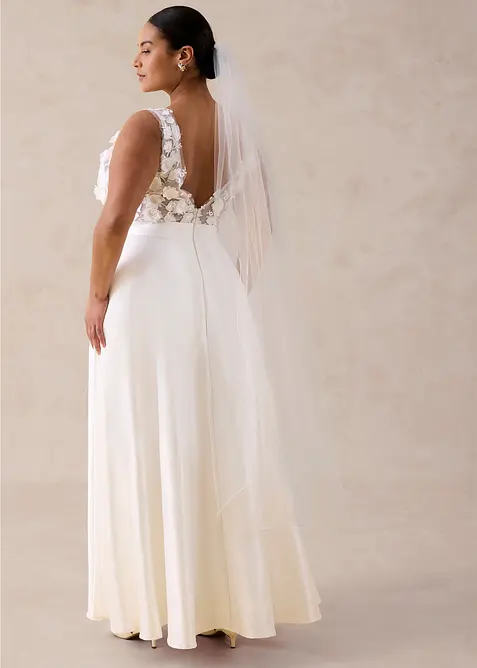 Abito da sposa in satin lucido con applicazione floreale, bonprix