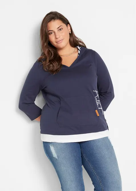 Maglia con cappuccio e maniche a 3/4 in puro cotone, bonprix