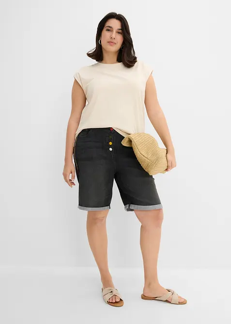 Bermuda in jeans con ricami e cinta comoda, vita media, bonprix
