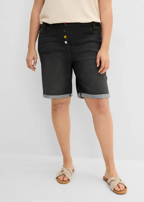 Bermuda in jeans con ricami e cinta comoda, vita media, bonprix