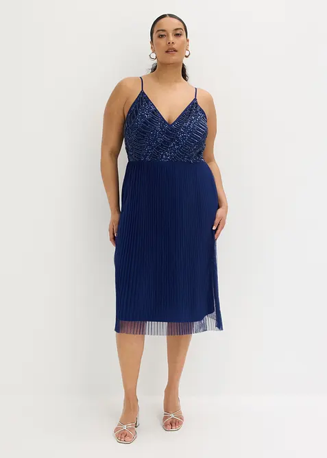 Abito midi con gonna plissettata e ricamo con paillettes, bonprix
