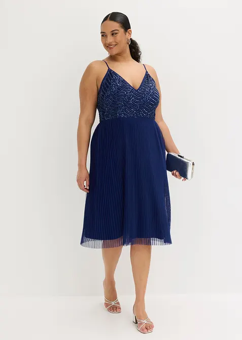 Abito midi con gonna plissettata e ricamo con paillettes, bonprix
