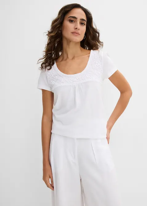 Maglia in cotone con pizzo a maniche corte, bonprix