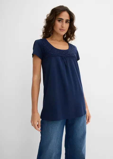 Maglia in cotone con pizzo a maniche corte, bonprix