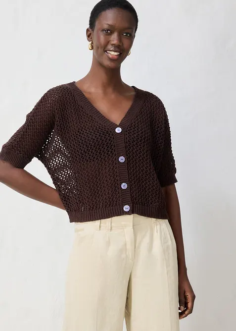 Cardigan traforato in misto lino, bonprix