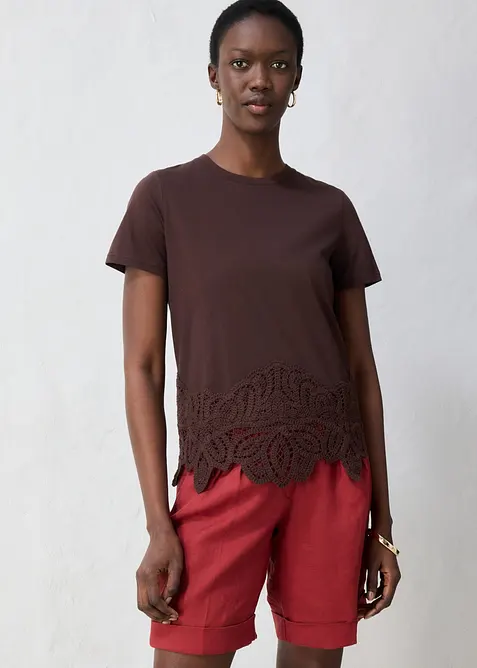 Maglia con percentuale di seta e bordo effetto uncinetto, bonprix
