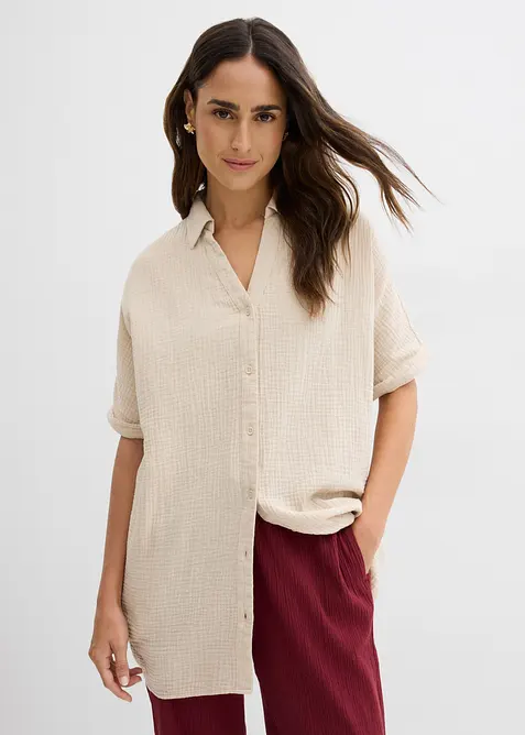 Blusa oversize lunga in mussola di puro cotone, bonprix