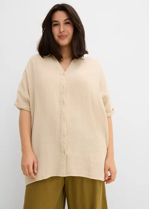 Blusa oversize lunga in mussola di puro cotone, bonprix