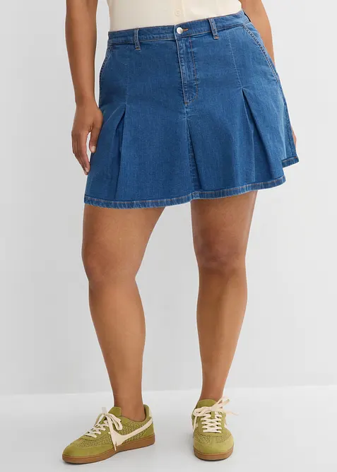 Gonna di jeans con pieghe, vita media, bonprix