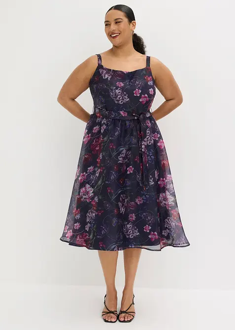 Abito midi in tulle delicato con cintura da annodare, bonprix