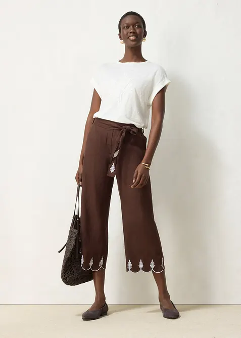 Pantaloni culotte in puro lino con cintura (set 2 pezzi), bonprix