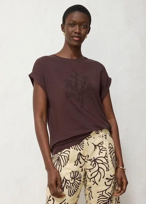 T-shirt in puro lino con ricamo, bonprix