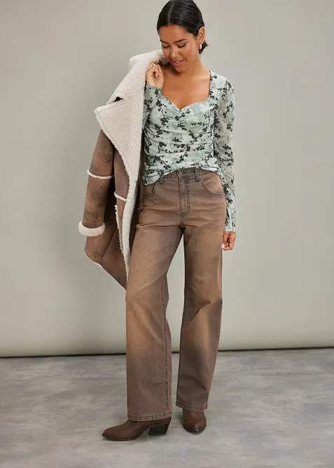 Jeans wide leg con lavaggio vintage, vita alta, bonprix