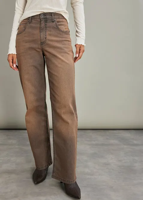 Jeans wide leg con lavaggio vintage, vita alta, bonprix