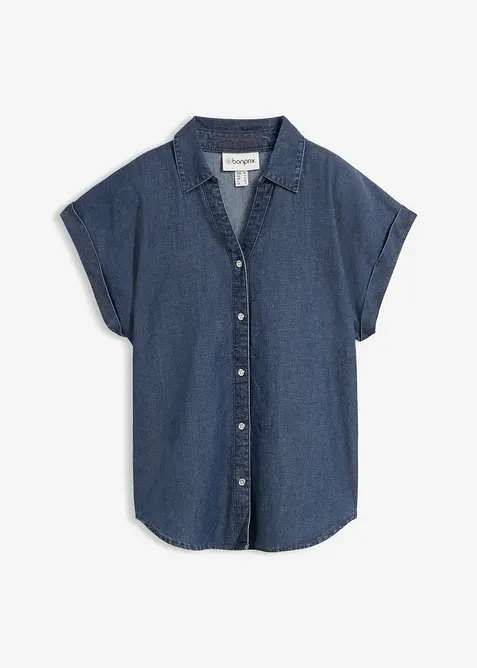 Camicetta di jeans a maniche corte con lino, bonprix