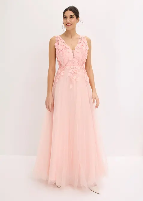 Abito lungo in tulle delicato con fiori applicati, bonprix