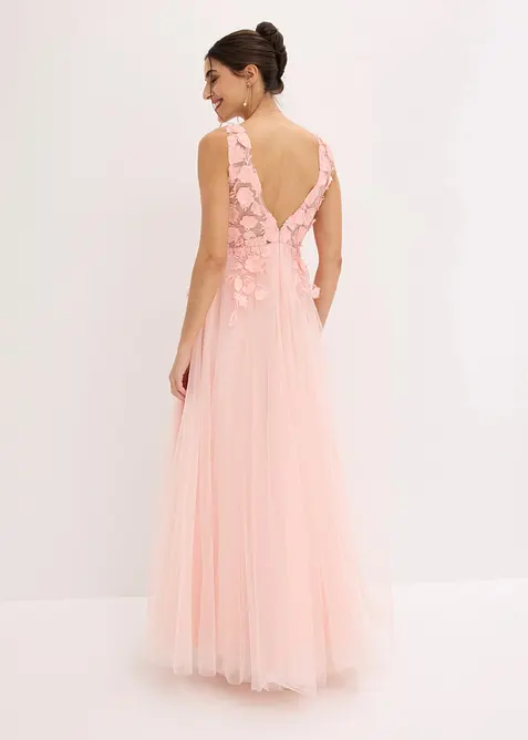 Abito lungo in tulle delicato con fiori applicati, bonprix