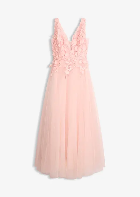 Abito lungo in tulle delicato con fiori applicati, bonprix