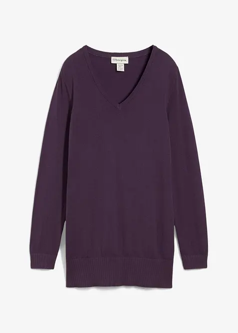 Maglione lungo basic in filato fine con scollo a V, bonprix