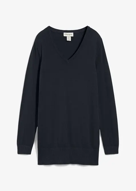 Maglione lungo basic in filato fine con scollo a V, bonprix