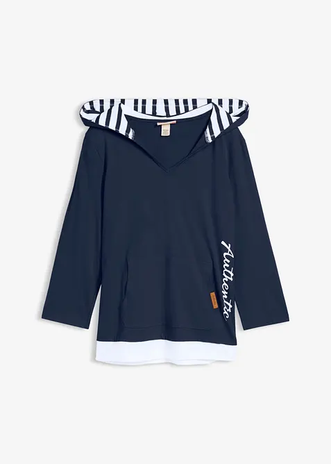 Maglia con cappuccio e maniche a 3/4 in puro cotone, bonprix