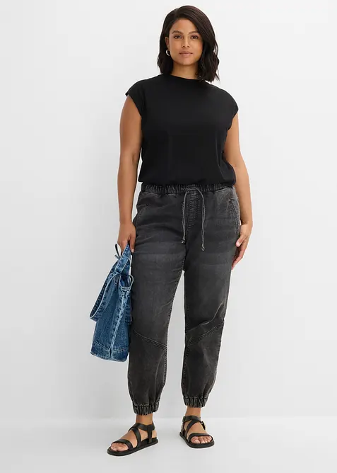 Jogger di jeans elasticizzati, vita media, bonprix