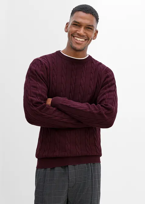Maglione a trecce in filato fine, slim fit, bonprix