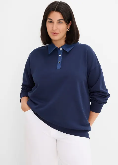Felpa oversize in misto cotone con colletto di jeans, bonprix