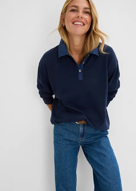 Felpa oversize in misto cotone con colletto di jeans, bonprix
