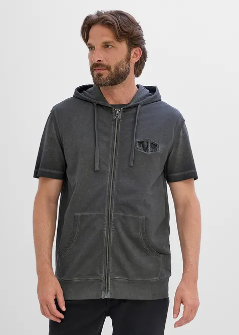 Gilet in felpa di puro cotone con zip, cappuccio ed effetto lavato, bonprix