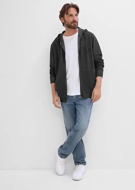 Felpa in puro cotone con zip, cappuccio ed effetto lavato, bonprix