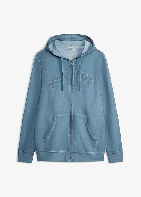 Felpa in puro cotone con zip, cappuccio ed effetto lavato, bonprix