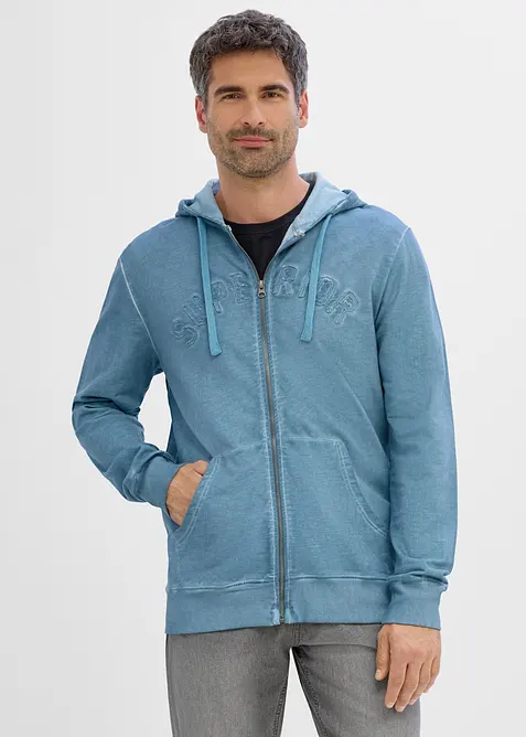 Felpa in puro cotone con zip, cappuccio ed effetto lavato, bonprix