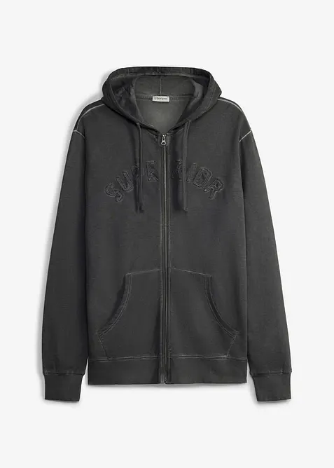Felpa in puro cotone con zip, cappuccio ed effetto lavato, bonprix
