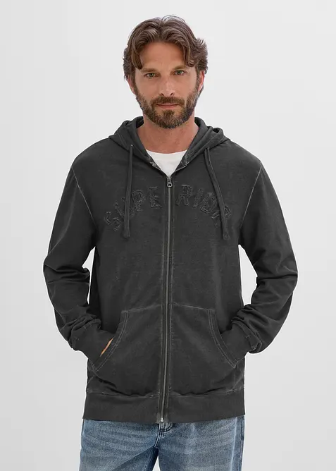 Felpa in puro cotone con zip, cappuccio ed effetto lavato, bonprix