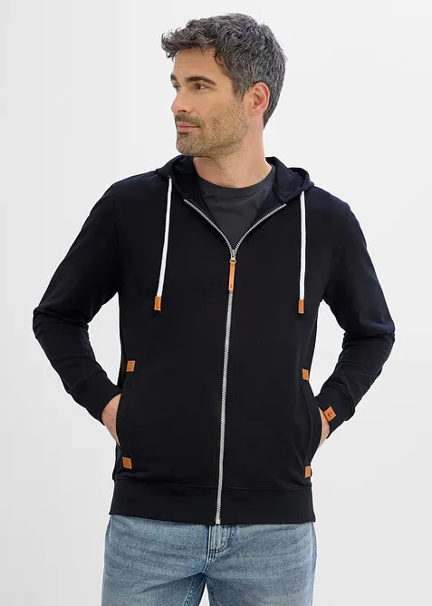 Felpa con zip, cappuccio e dettagli in similpelle, bonprix