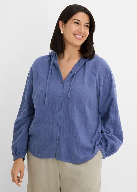 Blusa in mussola di puro cotone con cappuccio, bonprix
