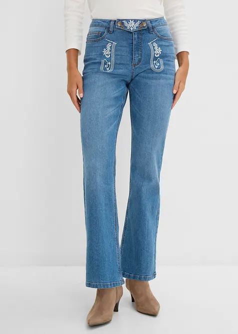 Jeans bootcut bavaresi con ricami, vita media, bonprix