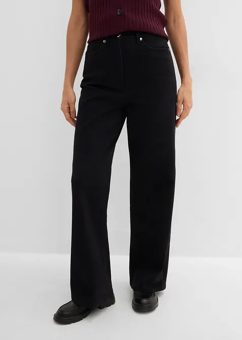 Pantaloni in twill a gamba larga e vita alta, bonprix